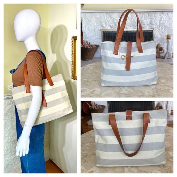Fossil Austin Cream Blue Stripe Coated Canvas Leather Nautical Tote Shoulder Bag - Picture 1 of 15